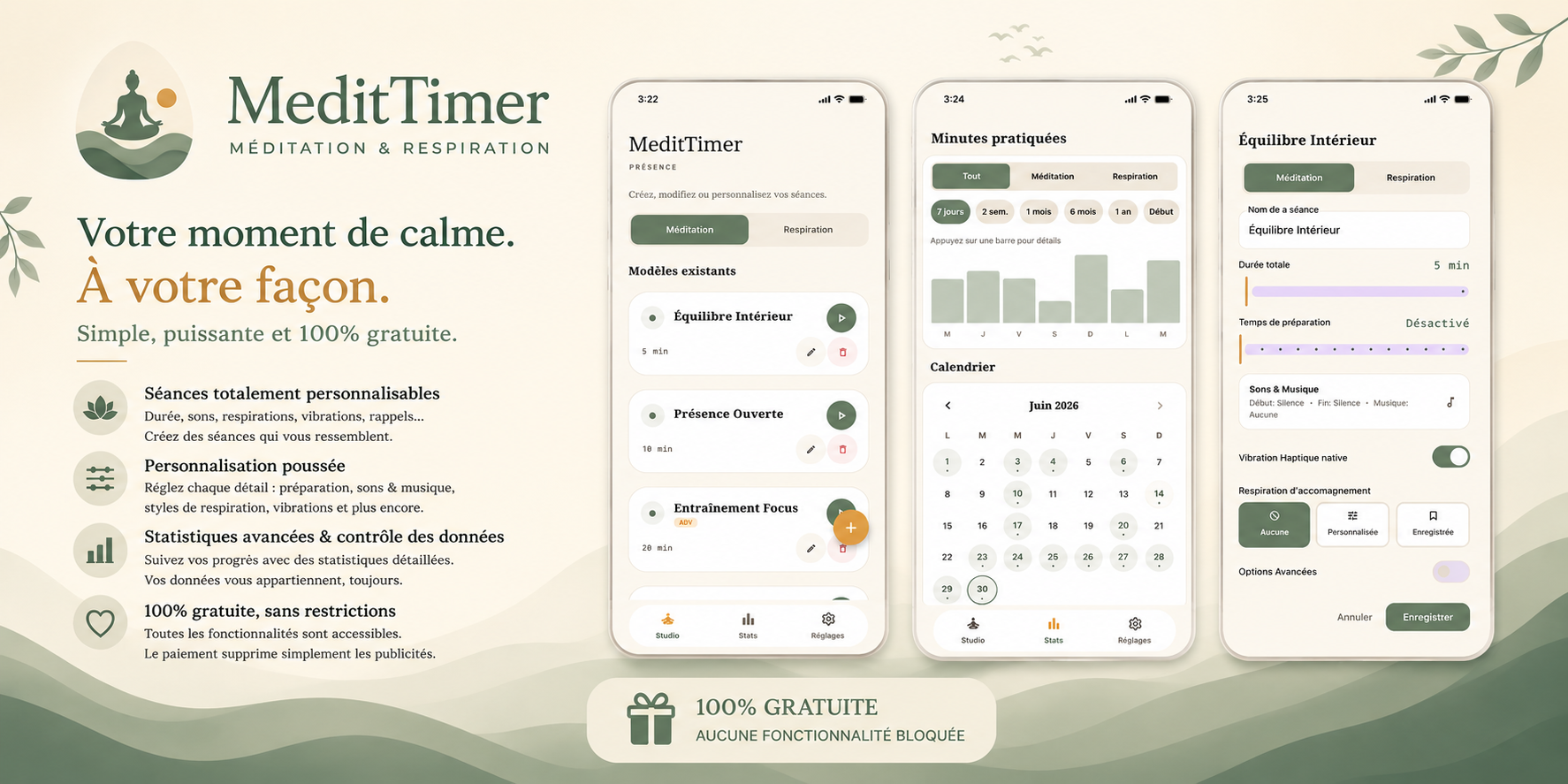 Aperçu des fonctionnalités de MeditTimer : méditation, respiration, statistiques et personnalisation