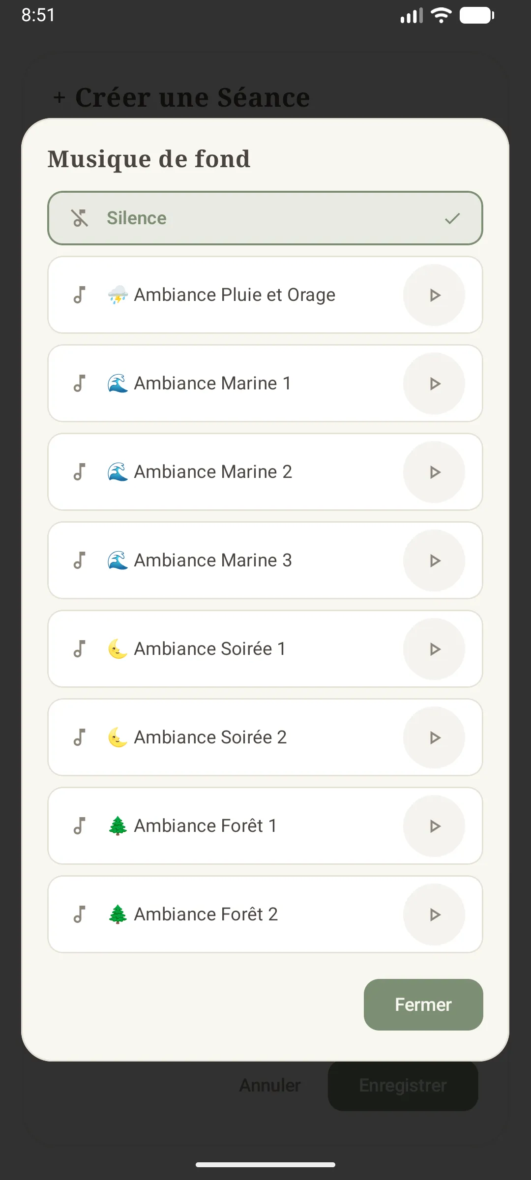 choix de la musique de fond parmi les ambiances disponibles