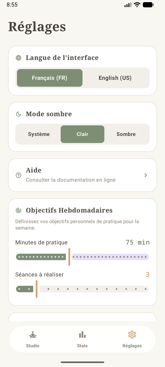 Réglages : langue, thème et objectifs hebdomadaires