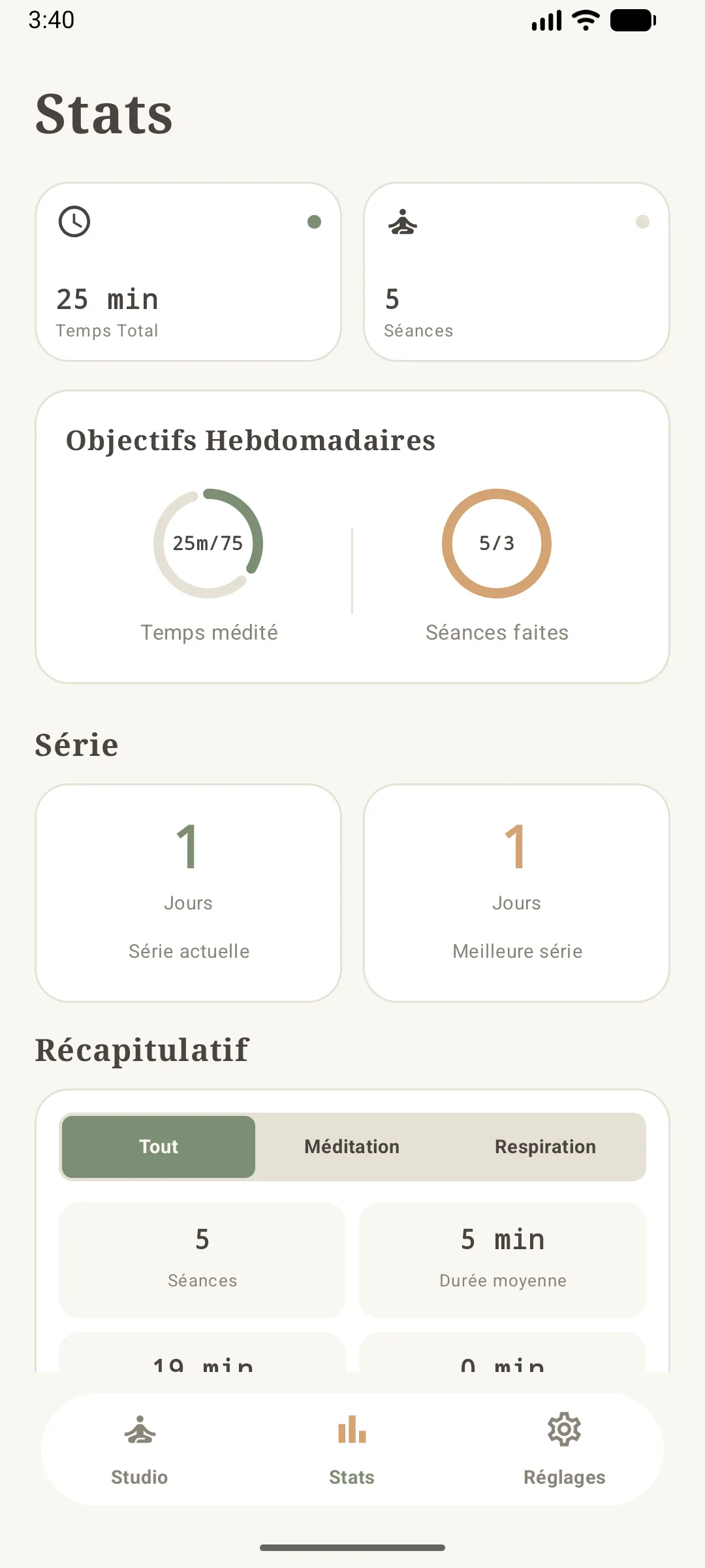 haut de l'écran Stats : temps total, séances et objectifs hebdomadaires