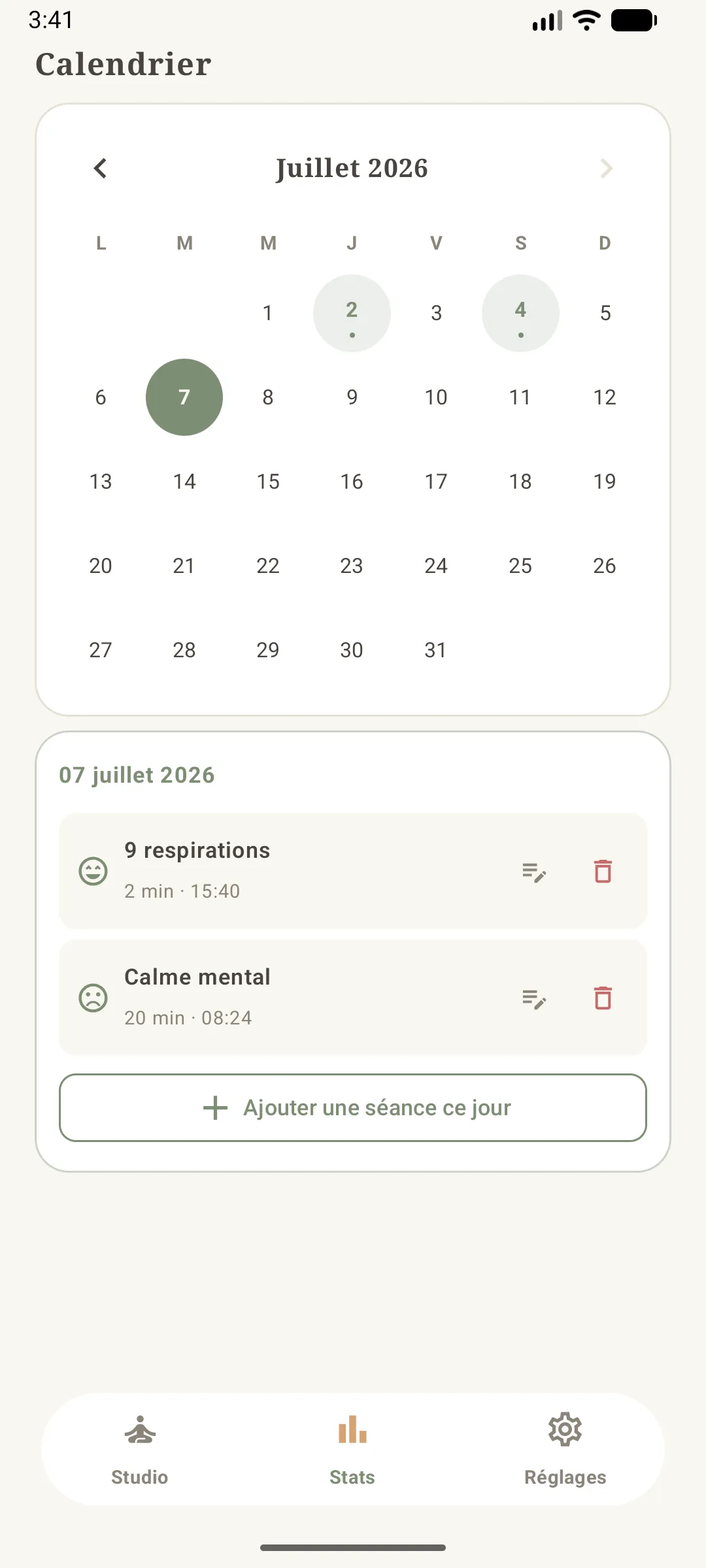 calendrier mensuel avec le détail des séances d'un jour