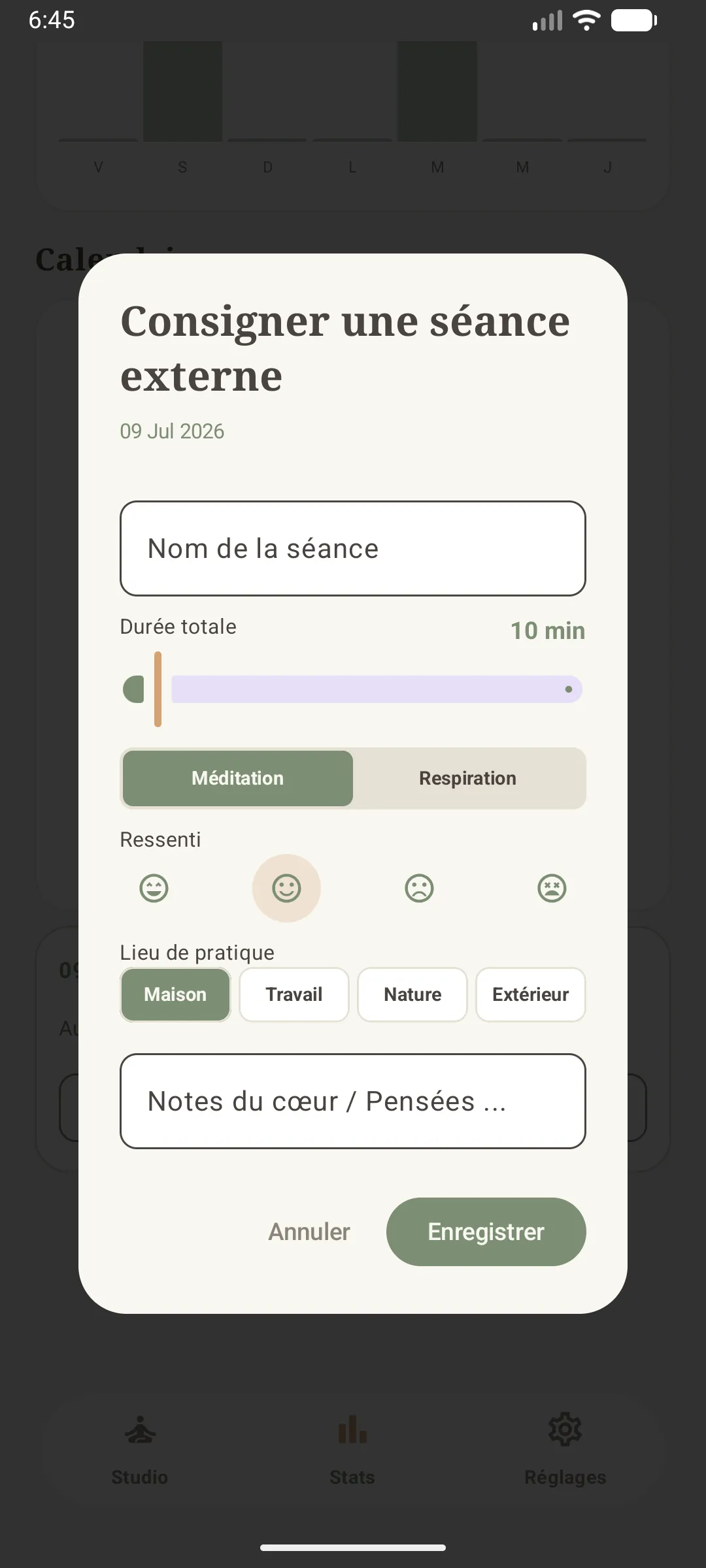 formulaire de saisie manuelle d'une séance passée