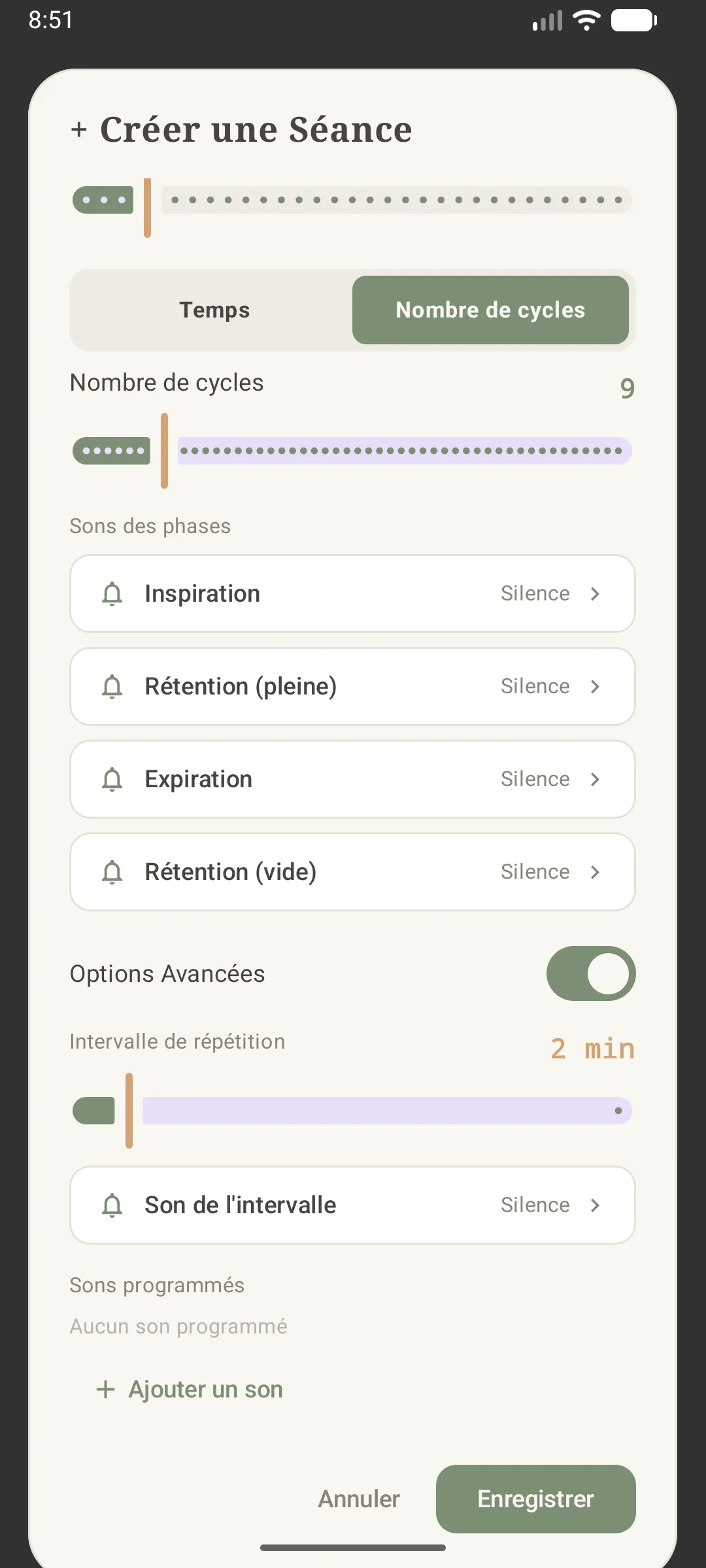 options avancées : intervalle de répétition et sons programmés