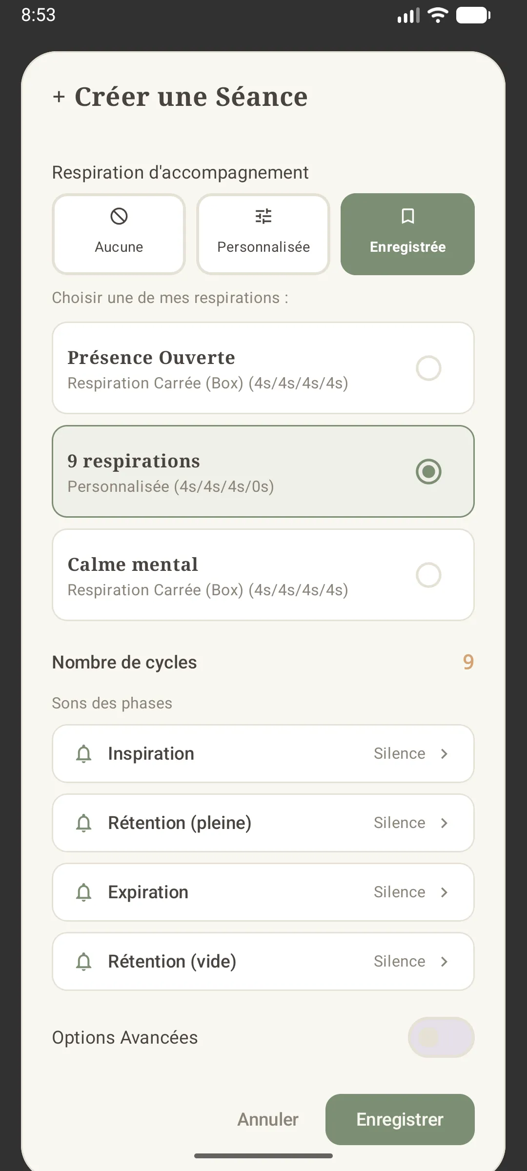 choix d'une respiration enregistrée en mode Nombre de cycles