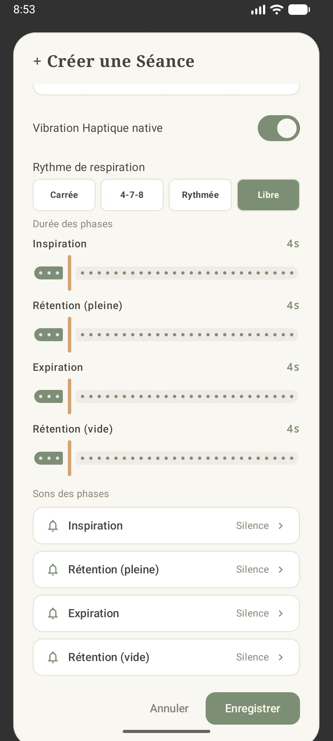 motif de respiration Libre avec réglage individuel des 4 phases