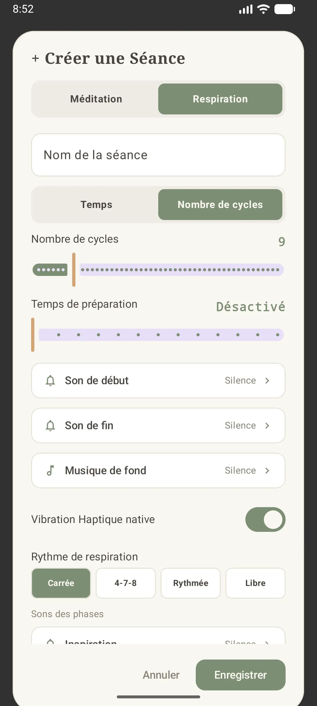 création d'une respiration en mode Nombre de cycles
